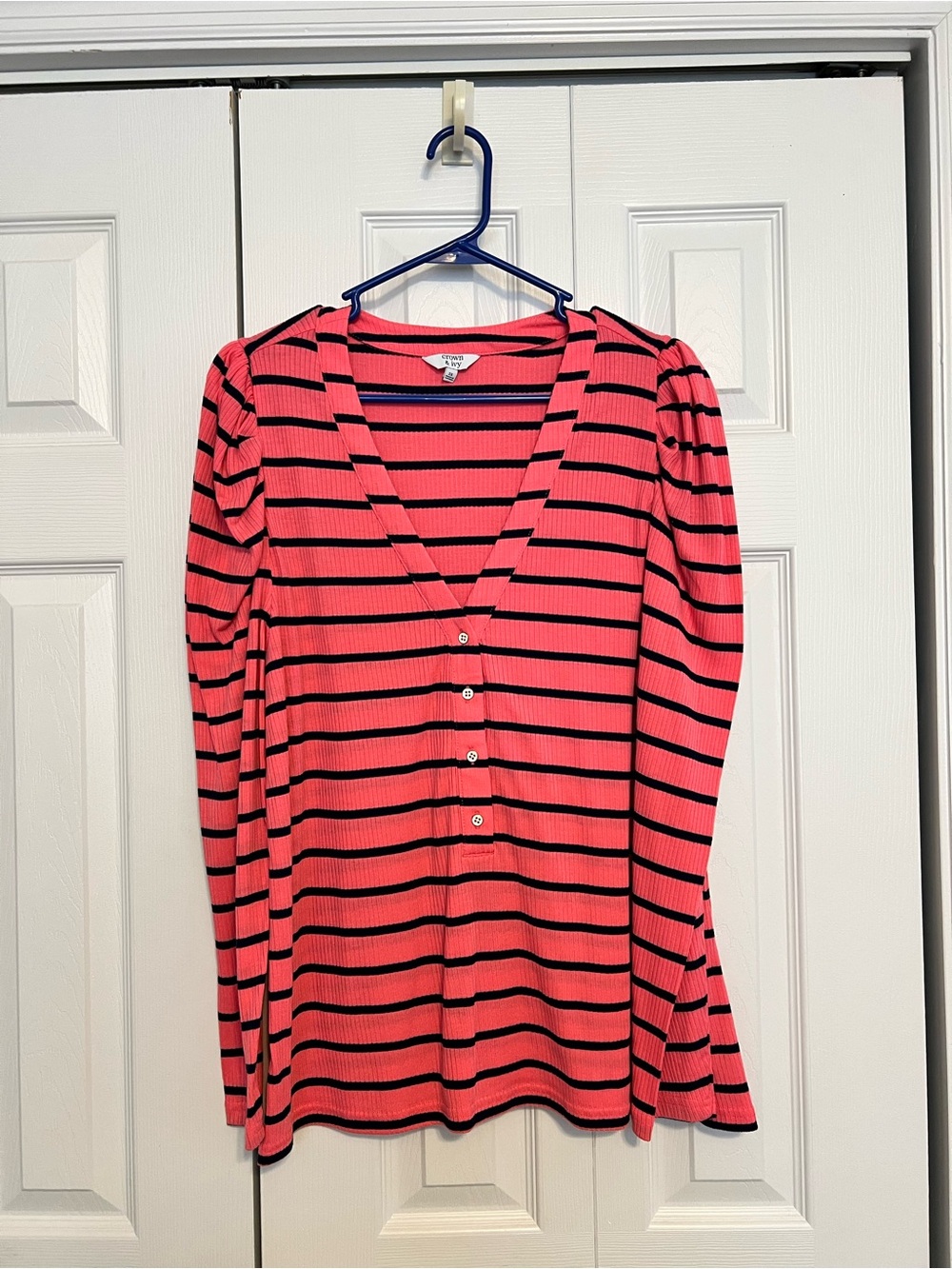 Crown & Ivy Coral Pink and Black Striped V-Neck Button Front Long Sleeve Top